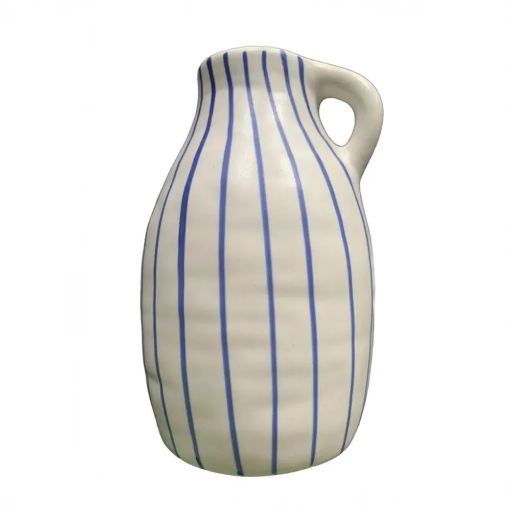 IKEA GODTAGBAR Pitcher Vase Blue Stripe Ceramic Farmhouse Scandinavian Decor
